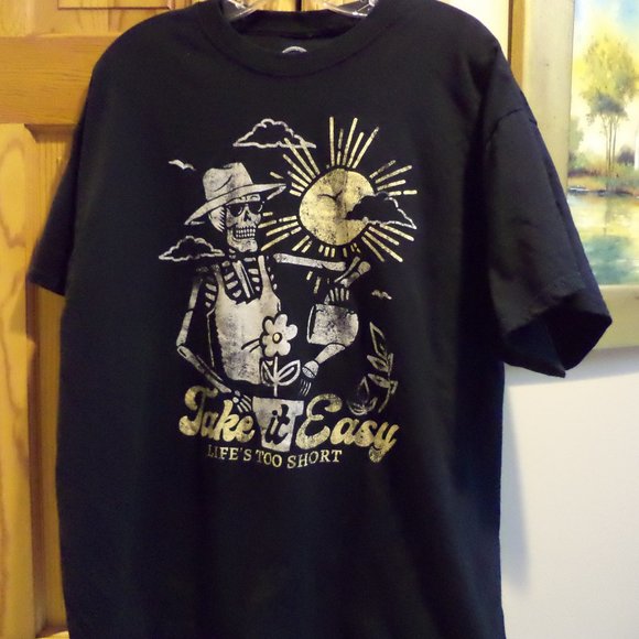 "TAKE IT EASY LIFE IS TOO SHORT" 100% Cotton Black Size: XL - Picture 1 of 5
